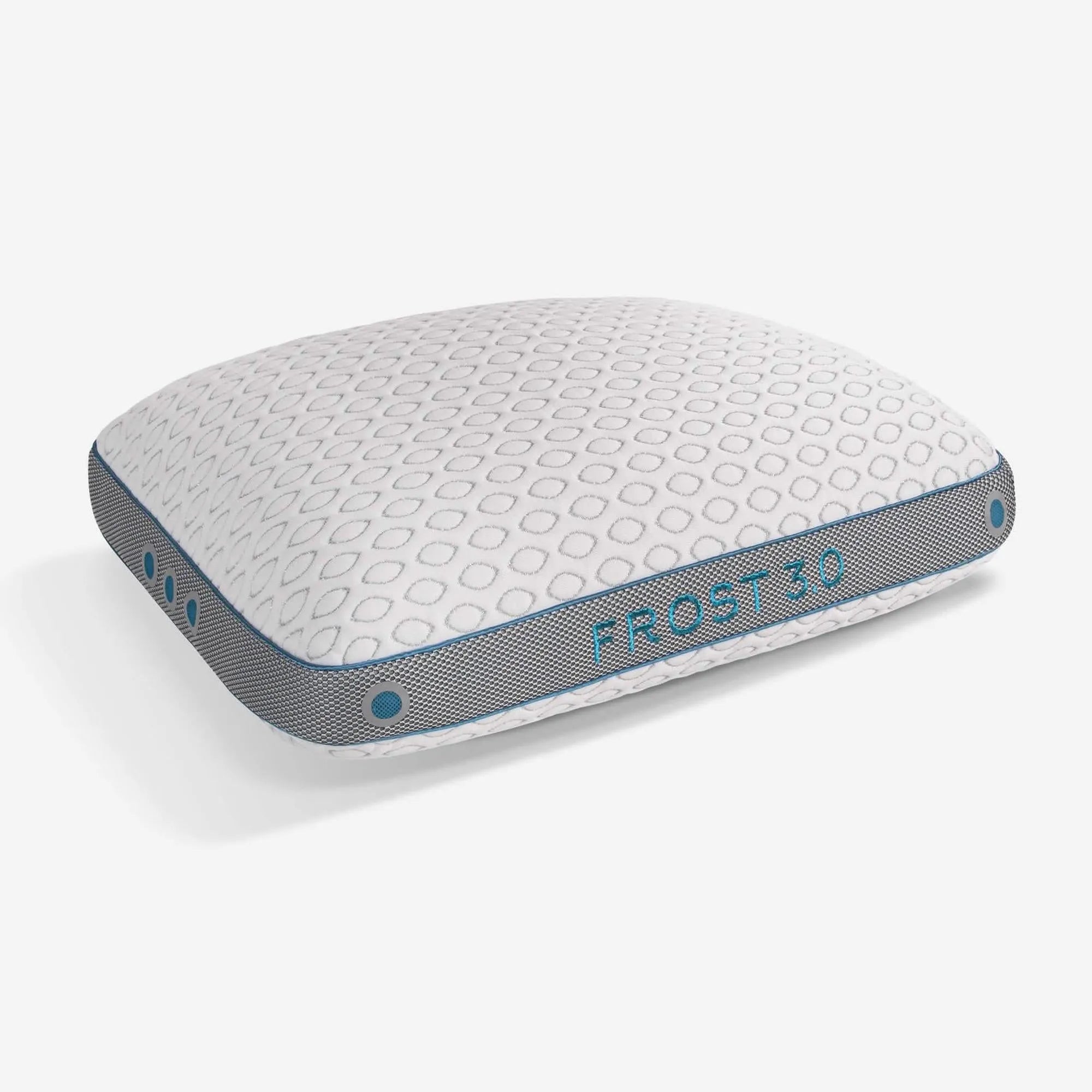 Bedgear Frost 3.0 pillow with white instant-cooling cover, gray mesh sides, blue trim, and "FROST 3.0" text.