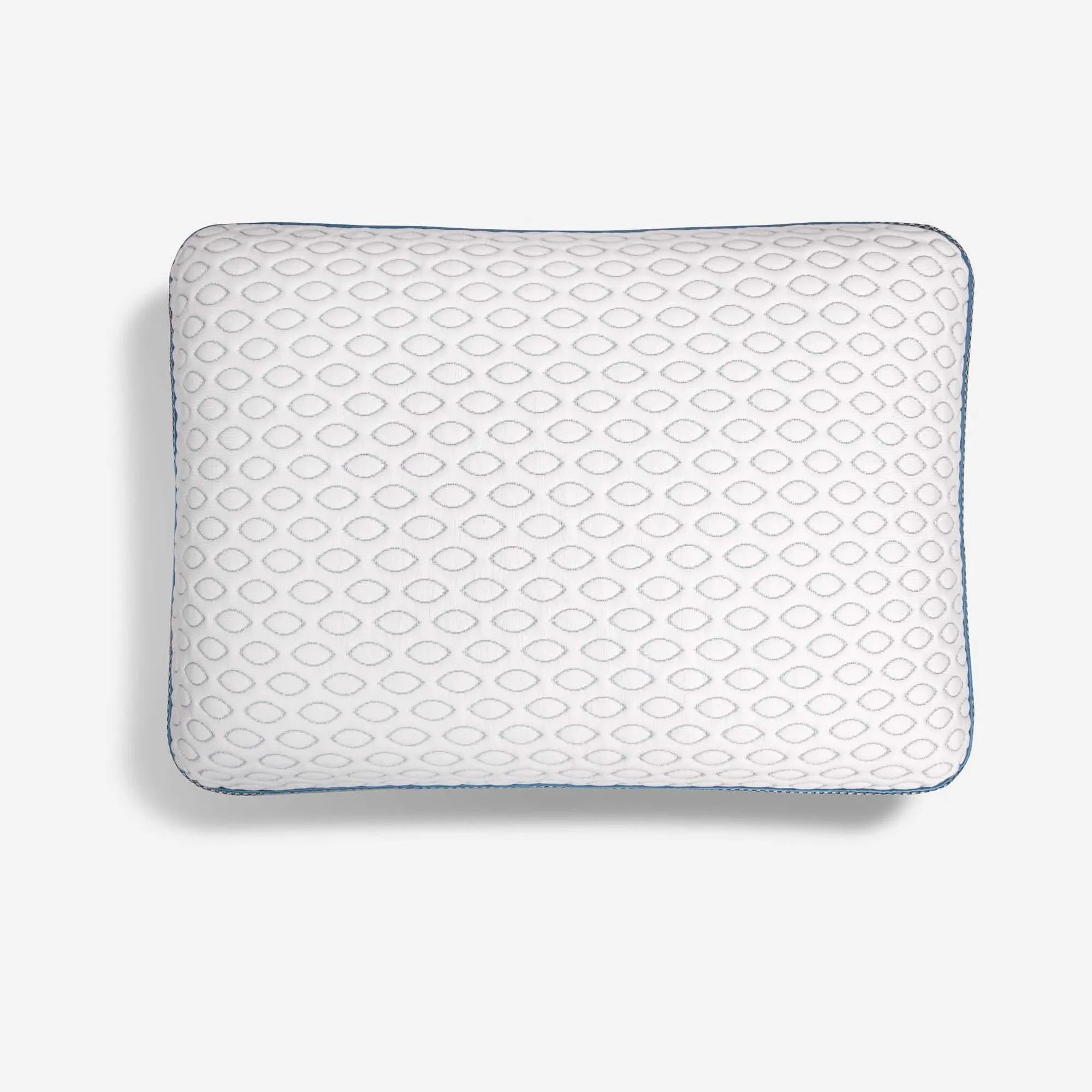 Bedgear Frost 1.0 low loft pillow with white instant-cooling cover, subtle grey diamond pattern, and blue trim.