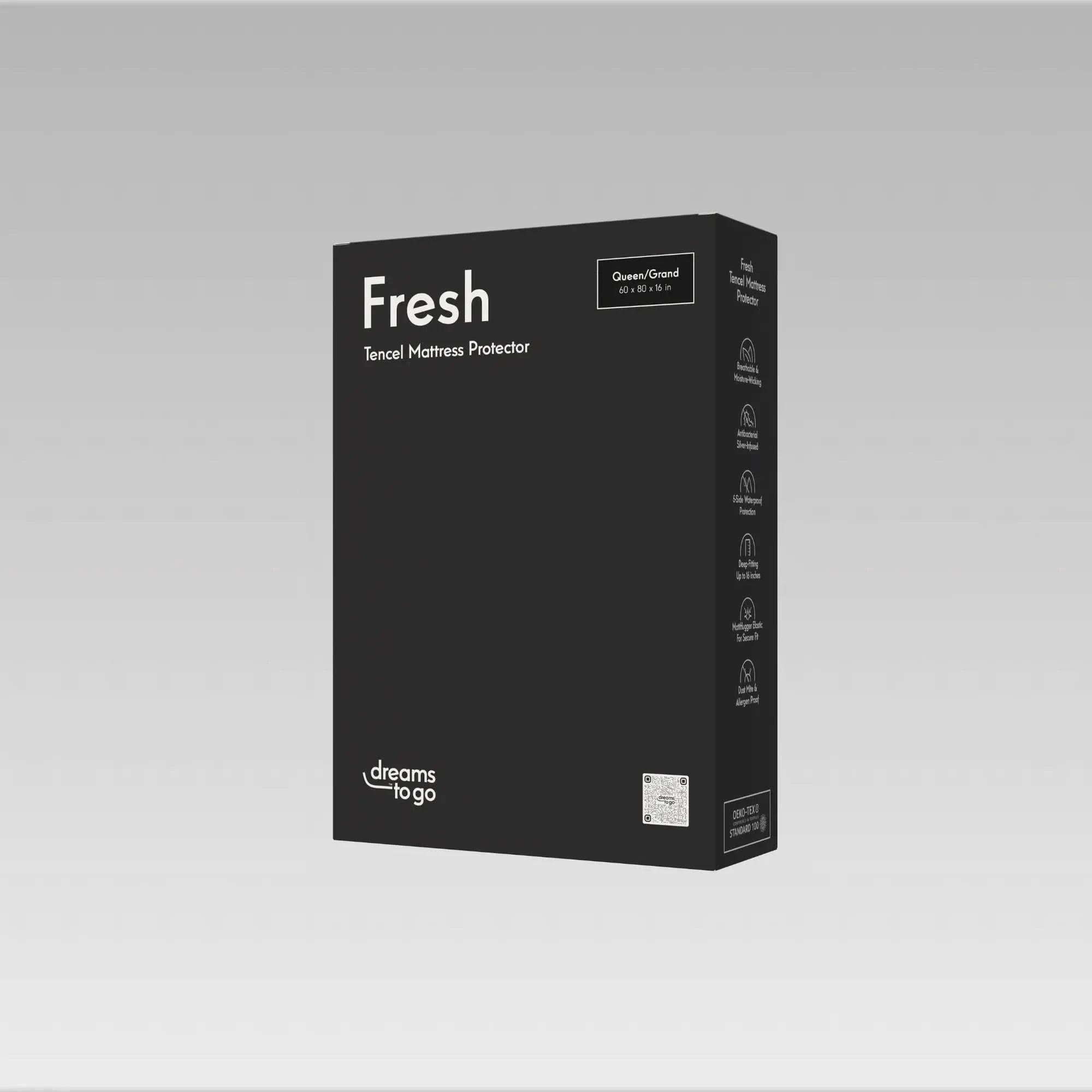 Dreams to Go Fresh Tencel Mattress Protector in dark gray packaging, Queen/Grand size.