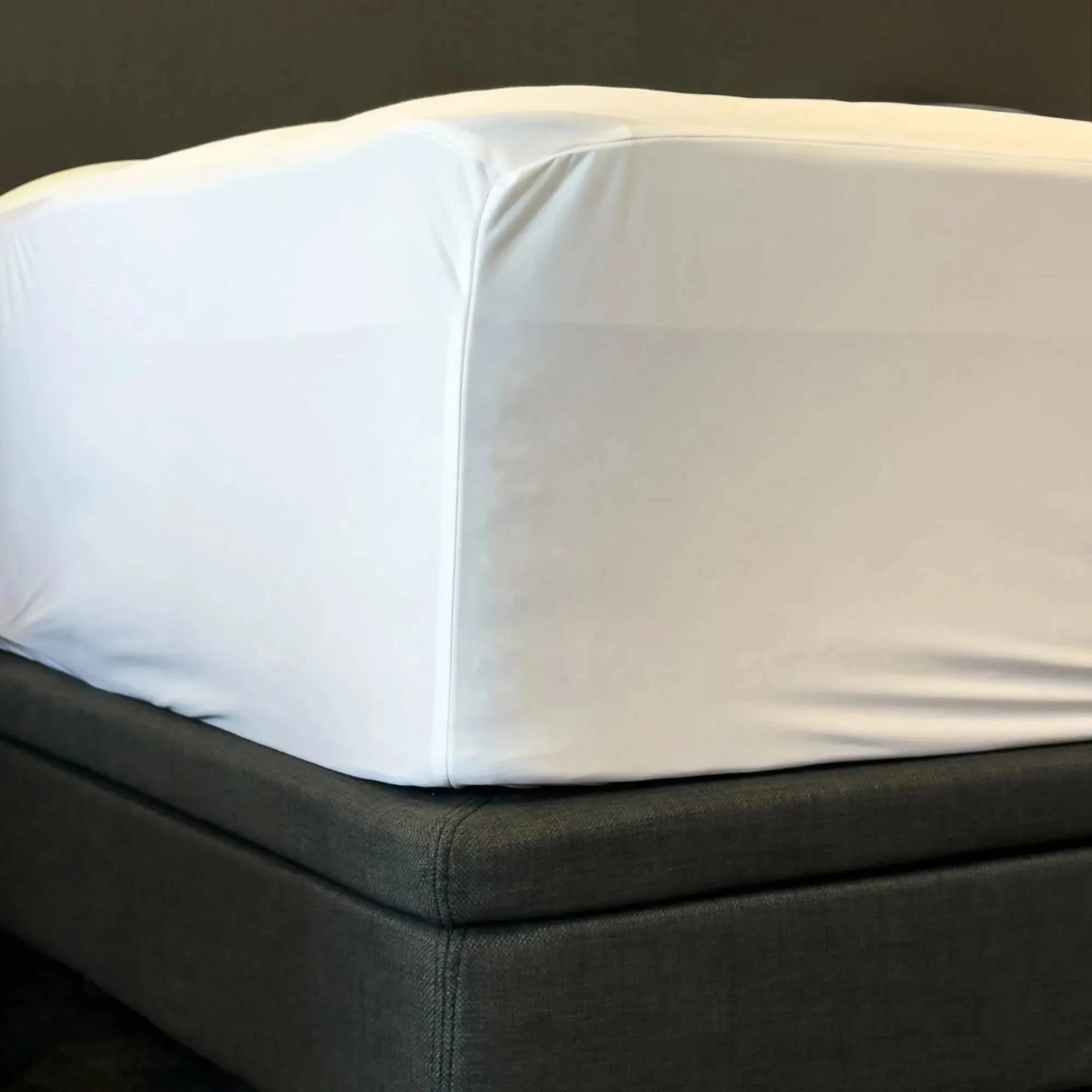 White Tencel™ Dreams to Go Fresh mattress protector with silver, fitted on a dark gray bed.