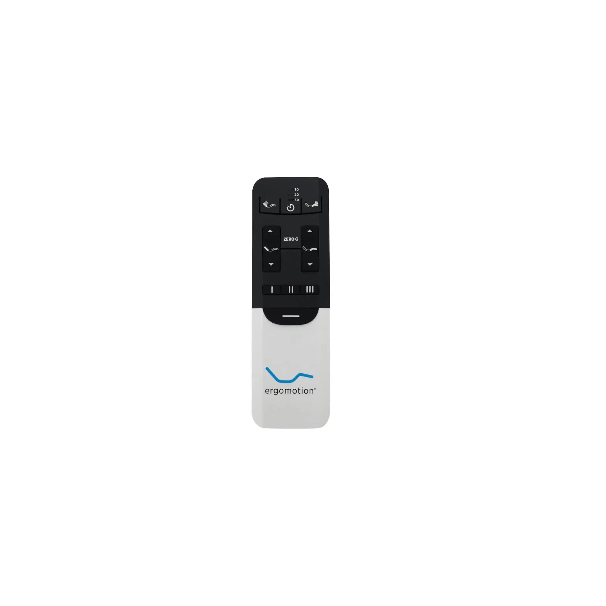 Ergomotion Ebreza adjustable bed wireless backlit remote with Zero G, memory, and massage controls.