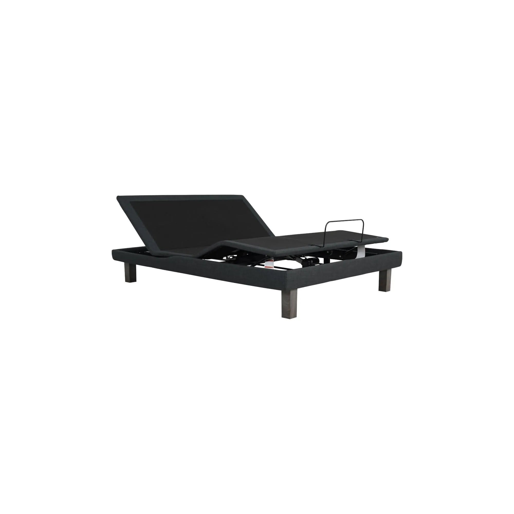 Dark gray upholstered Ergomotion Ebreza adjustable bed base with head and foot sections elevated, on wooden legs.