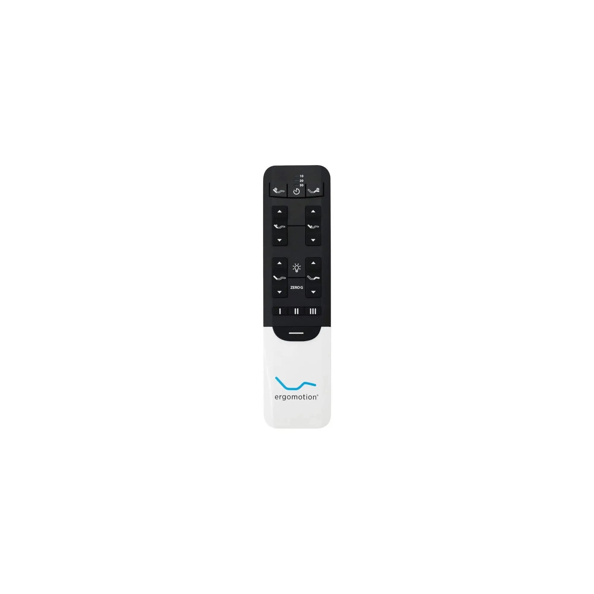 Ergomotion Exceed adjustable bed wireless backlit remote with black buttons and white base.