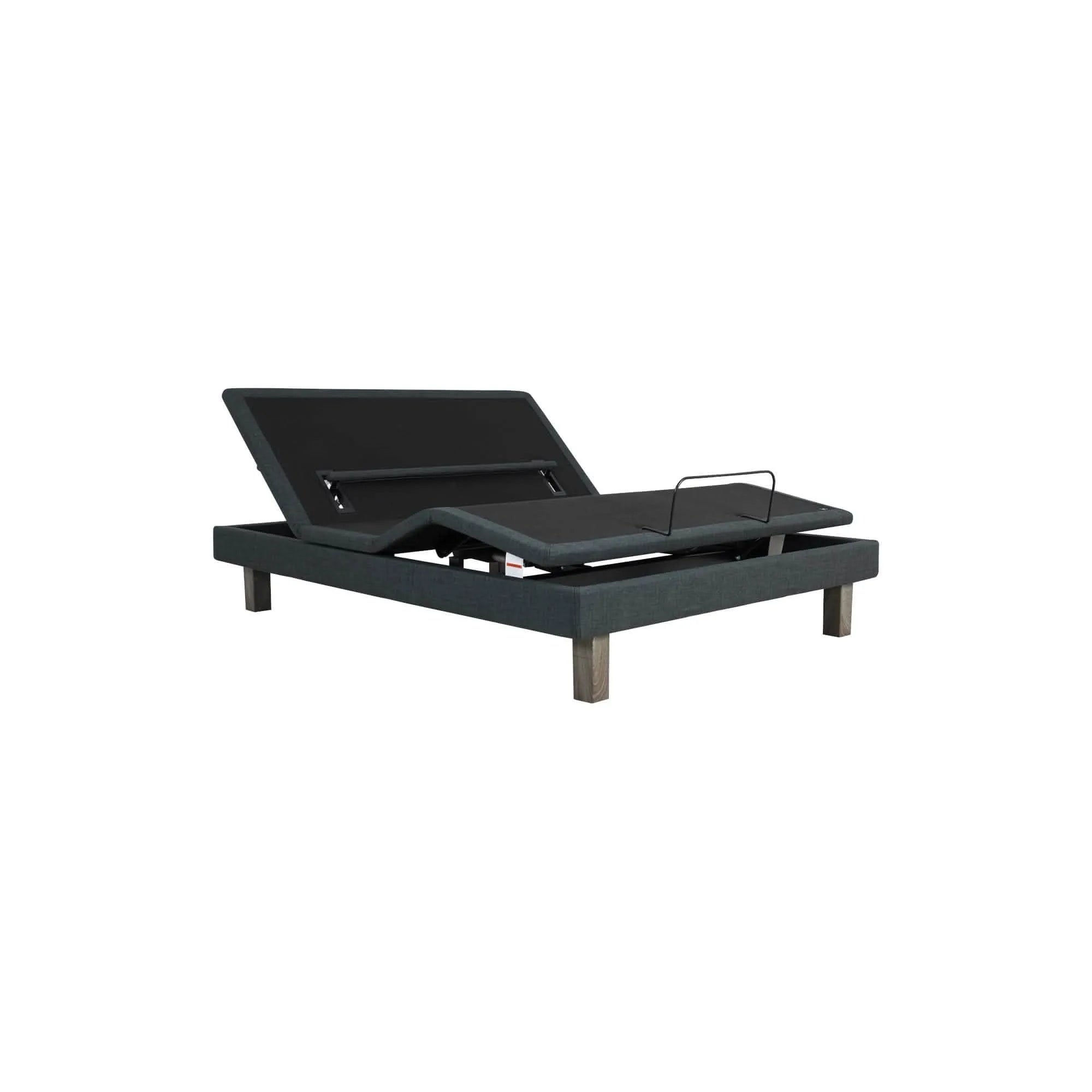 Ergomotion Exceed adjustable bed frame in dark gray fabric, with head and foot sections elevated.