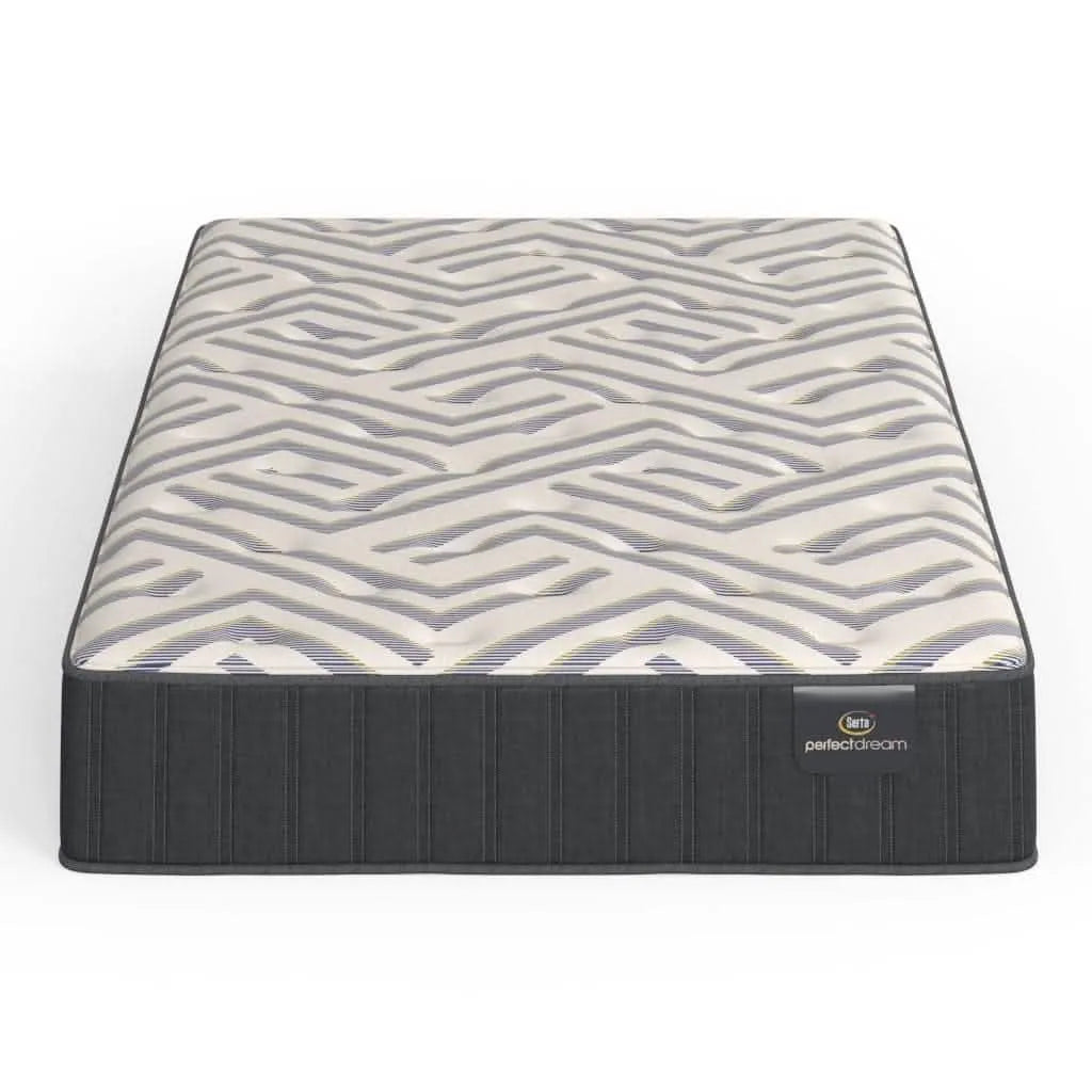 Serta Sahara mattress with a white top featuring a gray geometric pattern and a dark gray quilted side.