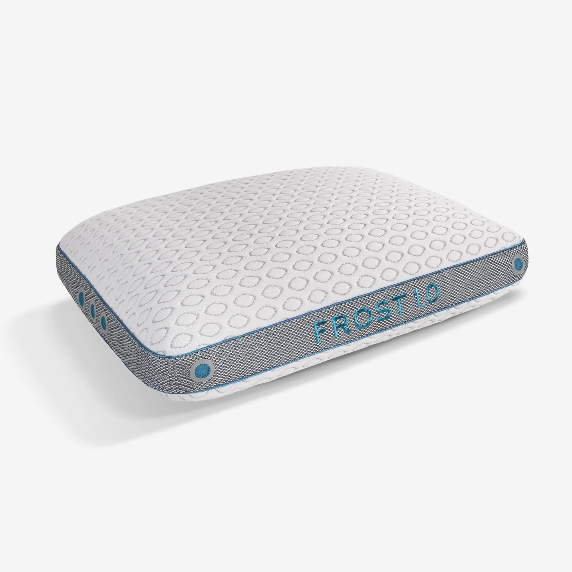 Bedgear Frost 1.0 low loft pillow with white instant-cooling cover, gray mesh sides, and blue "FROST 1.0" text.