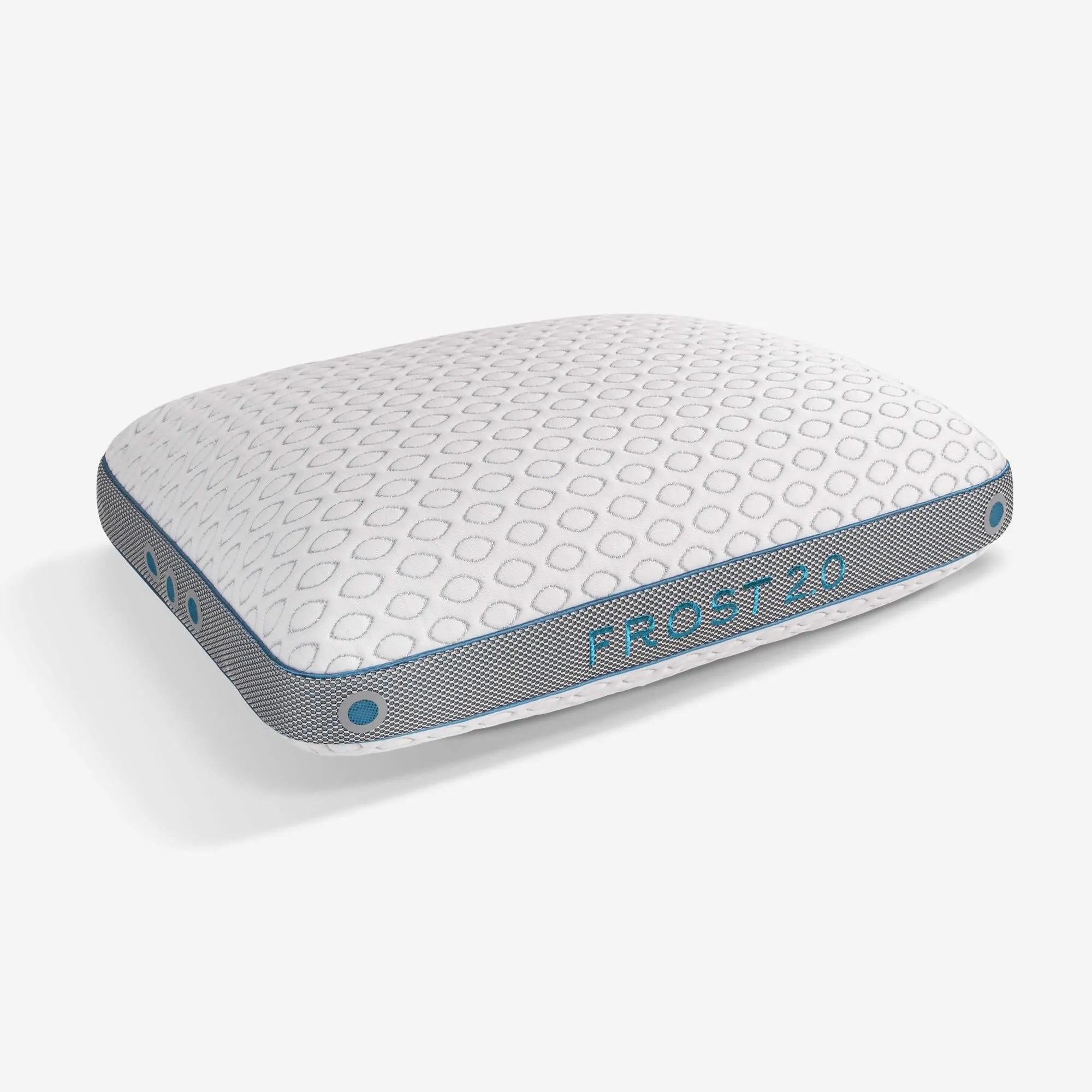 White Bedgear Frost 2.0 pillow with blue trim, mesh sides, and circular textured cover.
