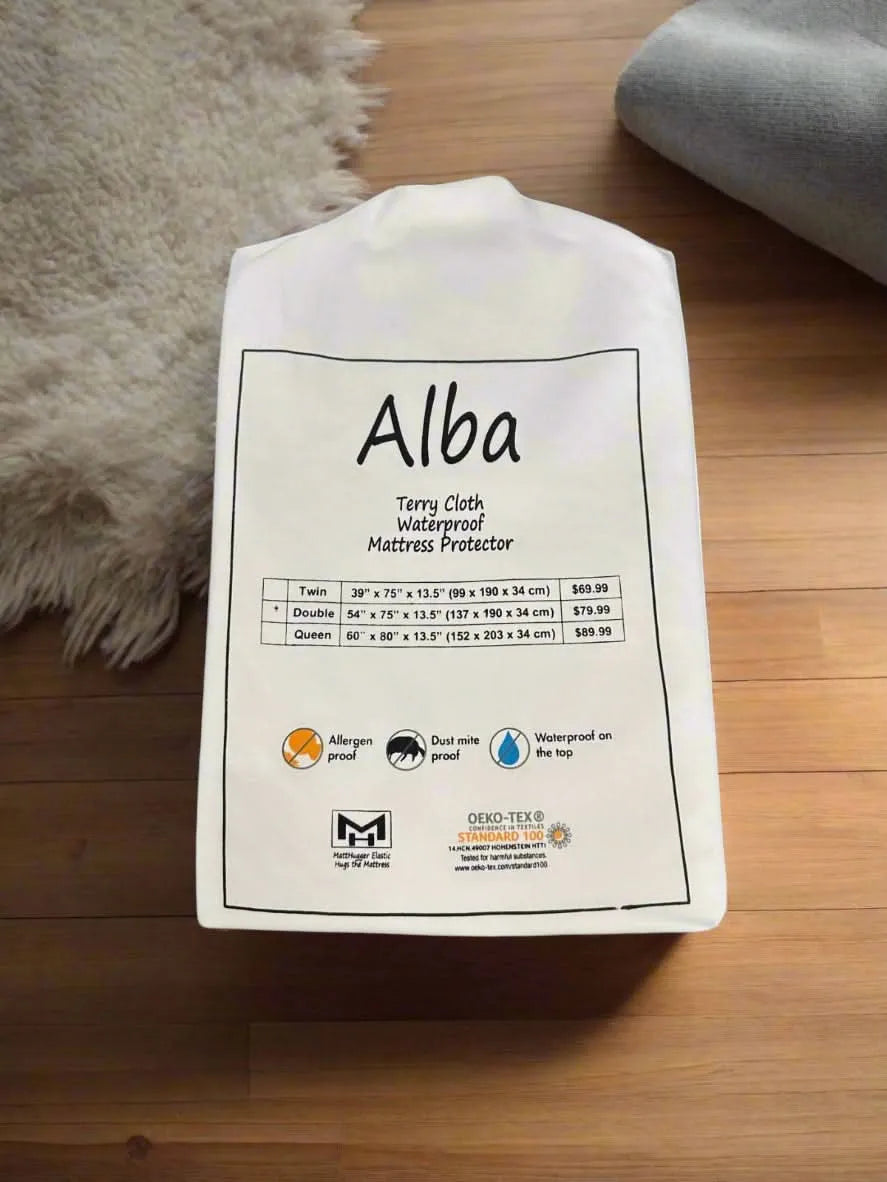 White Alba Terry Cloth Waterproof Mattress Protector in packaging, showing sizes and features.