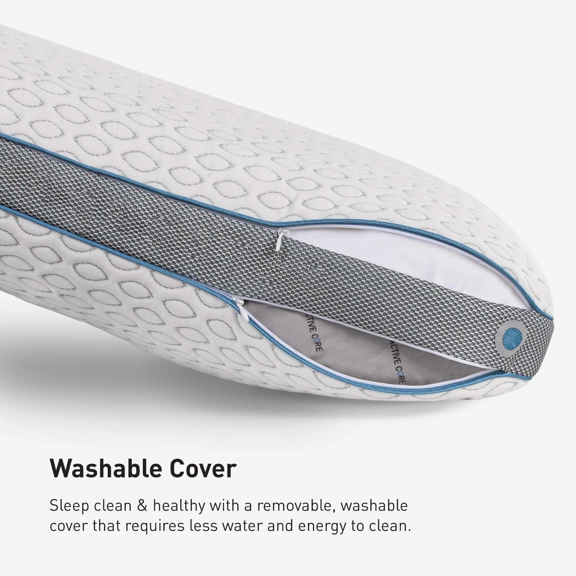 Bedgear Frost 1.0 Low Loft pillow with white instant-cooling cover, gray mesh, and blue trim zipper.