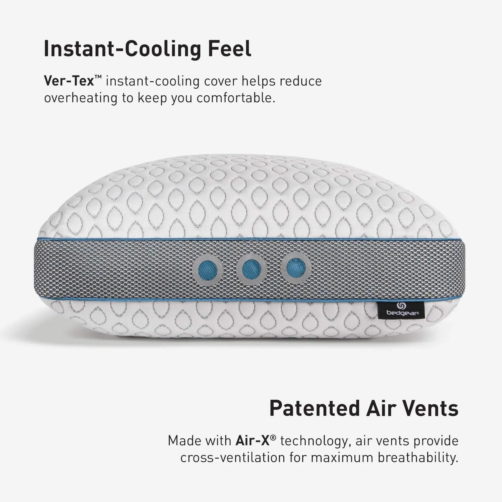 White Bedgear Frost 1.0 pillow with gray mesh side panel, blue accents, and three circular air vents.