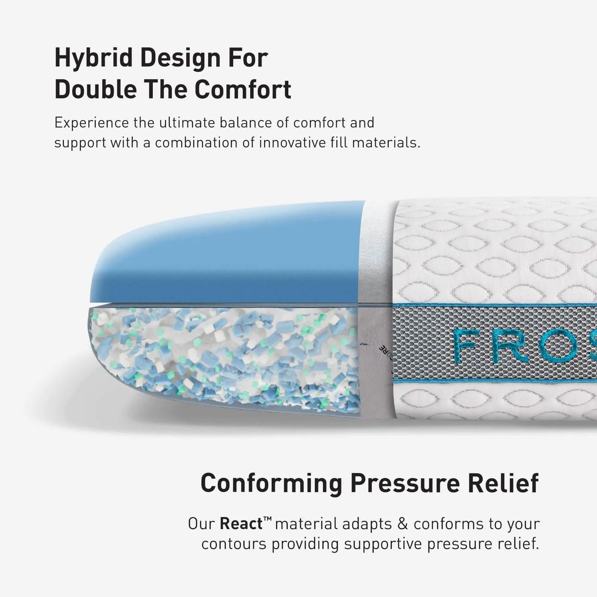 Bedgear Frost 1.0 pillow cutaway showing blue instant-cooling cover, React fill, and breathable mesh.