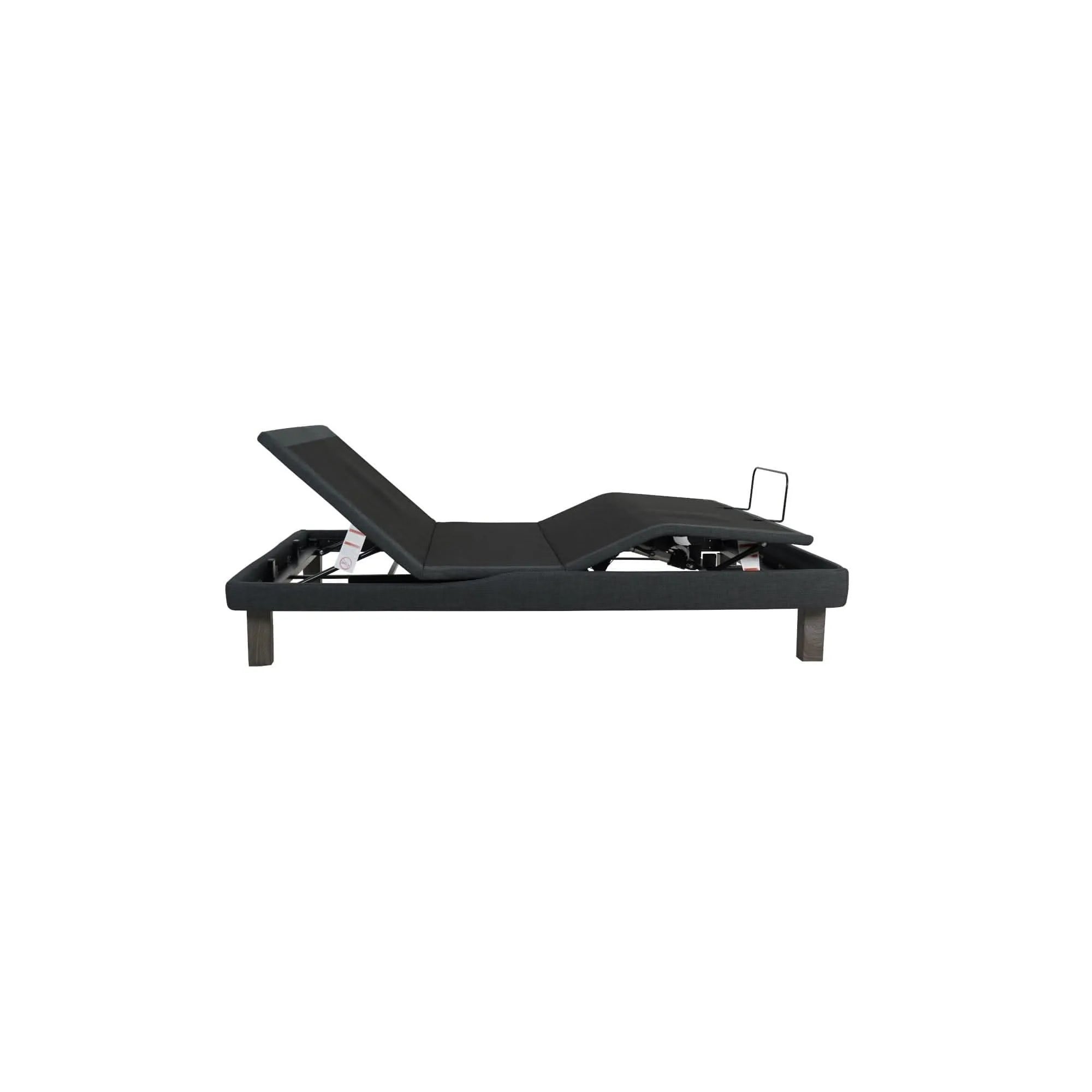 Ergomotion Ebreza adjustable bed base with dark upholstered fabric, head and foot sections elevated.