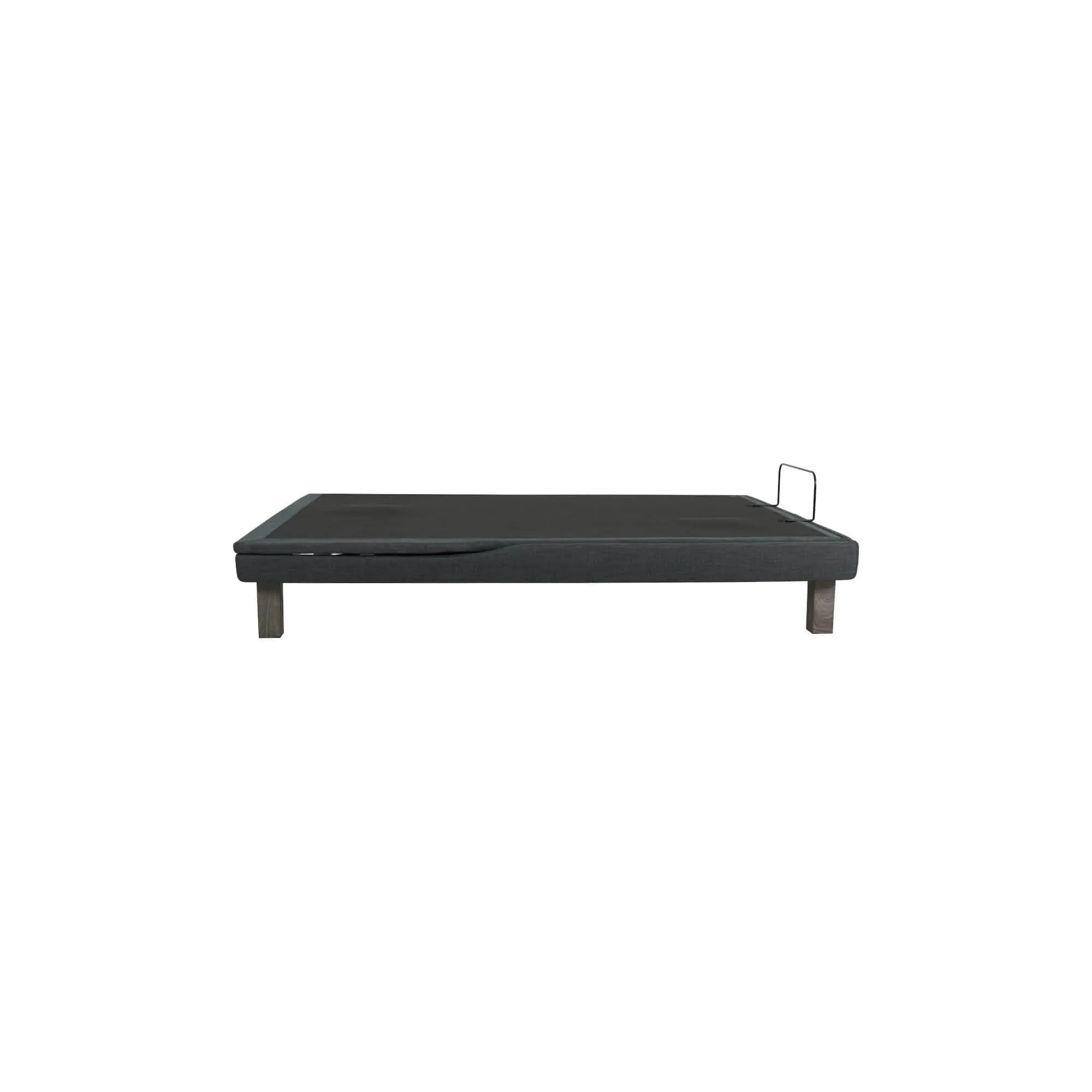 Ergomotion Ebreza adjustable bed base in dark upholstered fabric with adjustable legs and a mattress retainer bar.