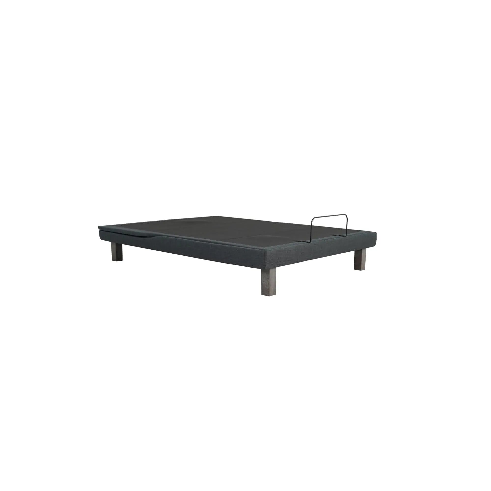 Ergomotion Ebreza adjustable bed base with dark upholstered fabric, wooden legs, and a mattress retainer bar.
