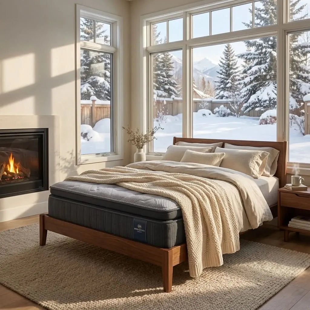 Serta Passage mattress with gray quilted top and dark gray sides on a wooden bed frame in a snowy room.