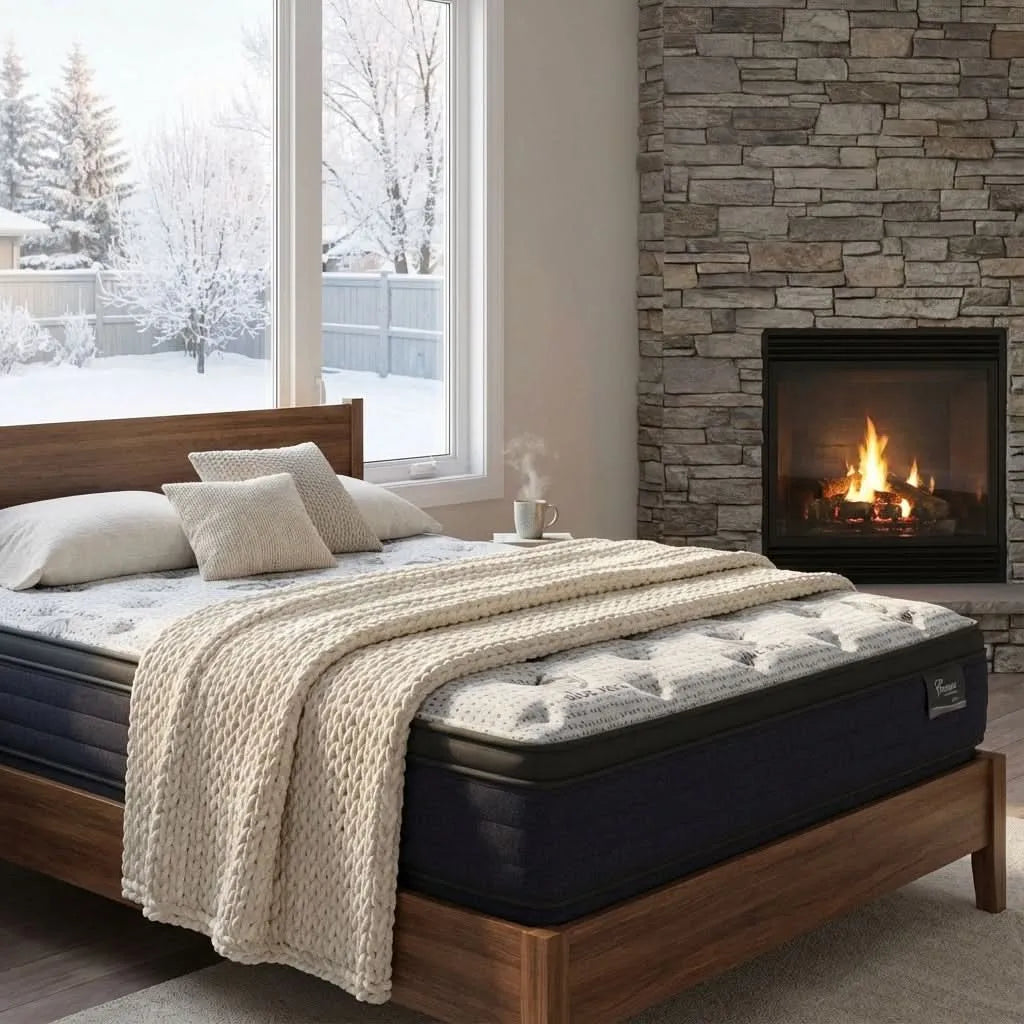Spring Air Kaia mattress on a wooden bed frame, with a white tufted top and dark blue base, in a cozy bedroom with a fireplace and snowy window view.